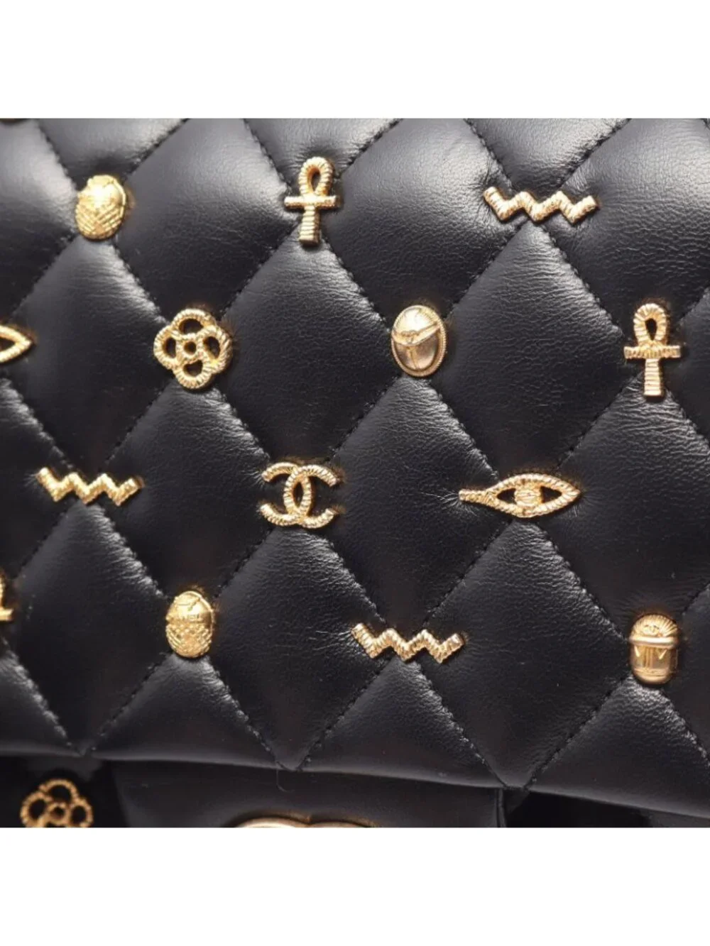 Chanel Shoulder Bag Quilted Egyptian Charm Double Flap Black Lambskin Chain